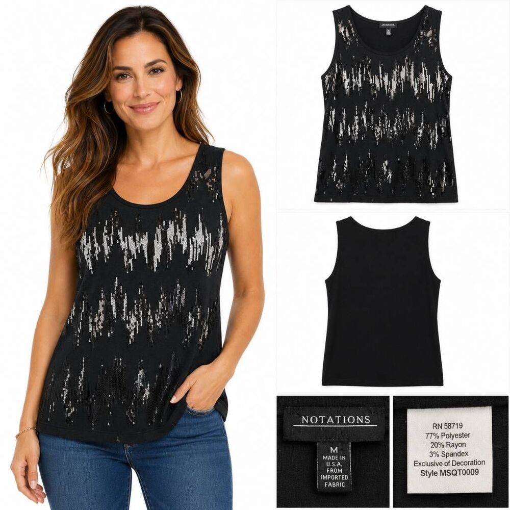 Notations M Black Silver Sequin Tank Top Party Holiday